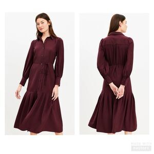 Loft Pleated Waist Midi Dress NO TIE Deep Burgundy Long Sleeve Button Front 12P
